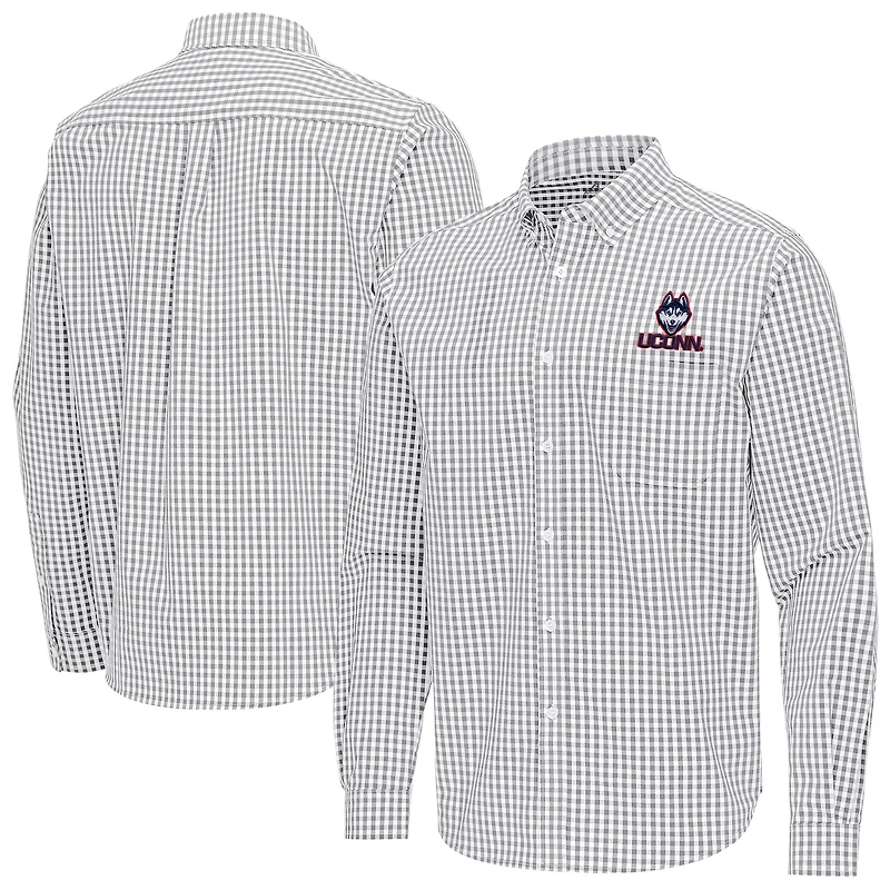 Men's Antigua Gray UConn Huskies Ellis Woven Tri-Blend Long Sleeve Button-Down Shirt