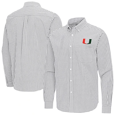 Men's Antigua Gray Miami Hurricanes Ellis Woven Tri-Blend Long Sleeve Button-Down Shirt