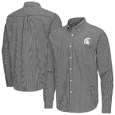 Men's Antigua Black Michigan State Spartans Ellis Woven Tri-Blend Long Sleeve Button-Down Shirt