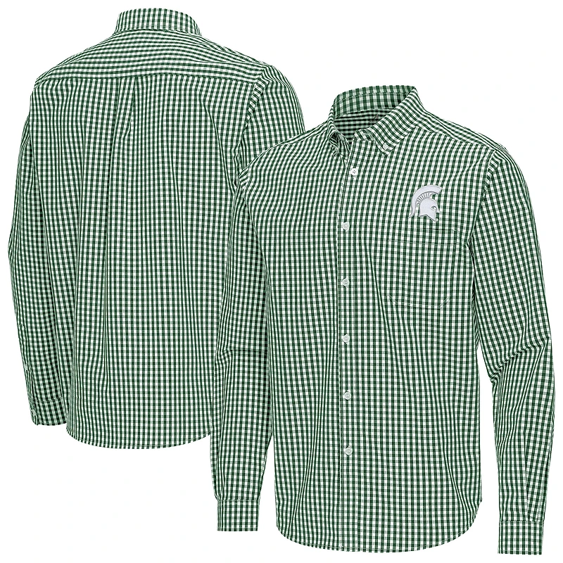 Men's Antigua Green Michigan State Spartans Ellis Woven Tri-Blend Long Sleeve Button-Down Shirt
