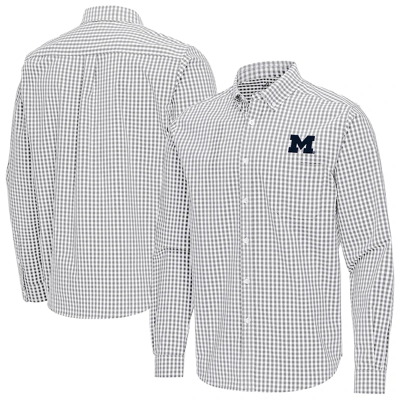 Men's Antigua Gray Michigan Wolverines Ellis Woven Tri-Blend Long Sleeve Button-Down Shirt