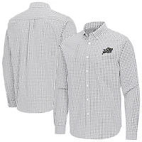 Men's Antigua Gray Navy Midshipmen Ellis Woven Tri-Blend Long Sleeve Button-Down Shirt
