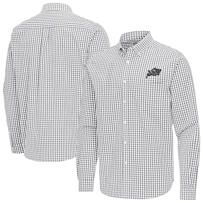 Men's Antigua Gray Navy Midshipmen Ellis Woven Tri-Blend Long Sleeve Button-Down Shirt