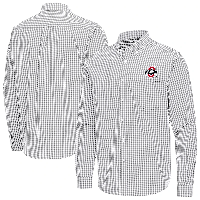 Men's Antigua Gray Ohio State Buckeyes Ellis Woven Tri-Blend Long Sleeve Button-Down Shirt