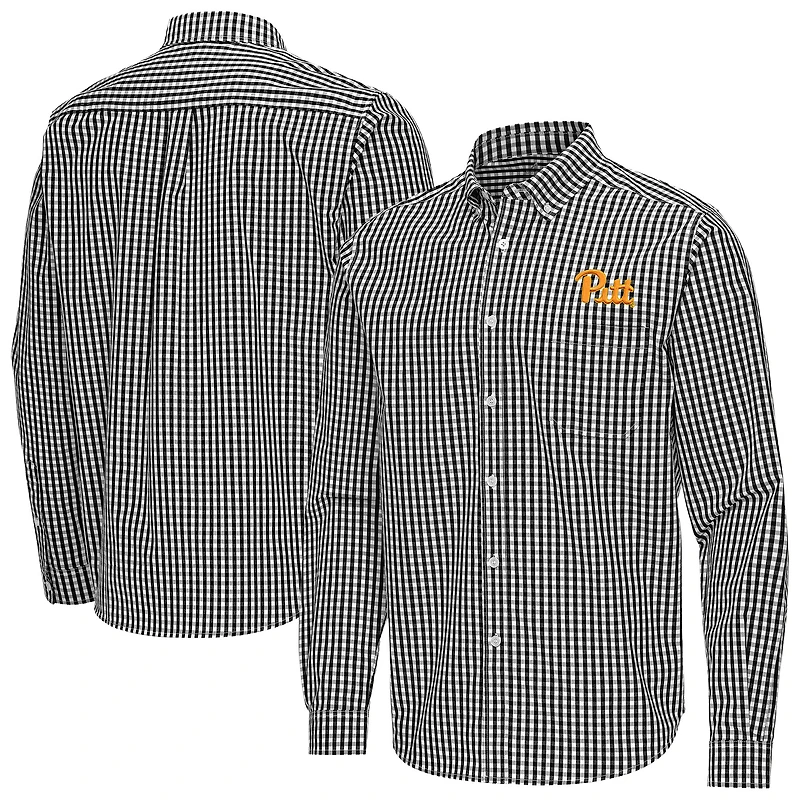 Men's Antigua Black Pitt Panthers Ellis Woven Tri-Blend Long Sleeve Button-Down Shirt
