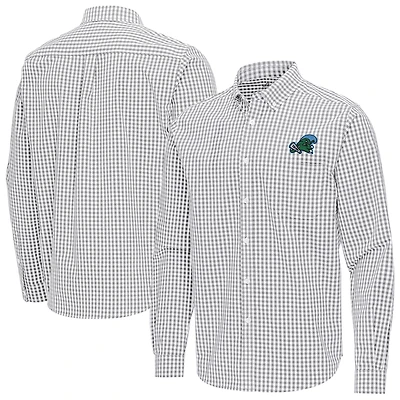Men's Antigua Gray Tulane Green Wave Ellis Woven Tri-Blend Long Sleeve Button-Down Shirt