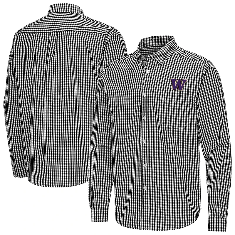 Men's Antigua Black Washington Huskies Ellis Woven Tri-Blend Long Sleeve Button-Down Shirt