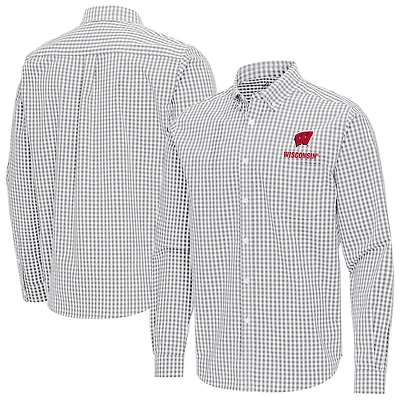 Men's Antigua Gray Wisconsin Badgers Ellis Woven Tri-Blend Long Sleeve Button-Down Shirt