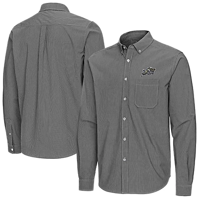 Men's Antigua Black Navy Midshipmen Porter Woven Tri-Blend Long Sleeve Button-Down Shirt