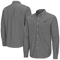 Men's Antigua Black Navy Midshipmen Porter Woven Tri-Blend Long Sleeve Button-Down Shirt
