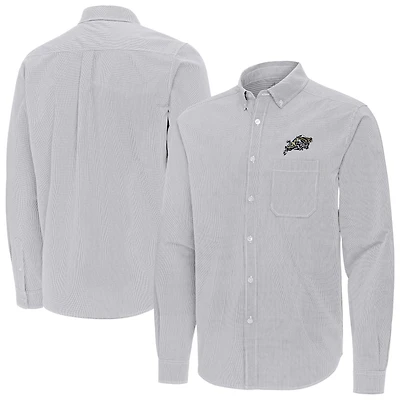 Men's Antigua Gray Navy Midshipmen Porter Woven Tri-Blend Long Sleeve Button-Down Shirt