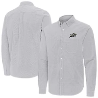 Men's Antigua Gray Navy Midshipmen Porter Woven Tri-Blend Long Sleeve Button-Down Shirt