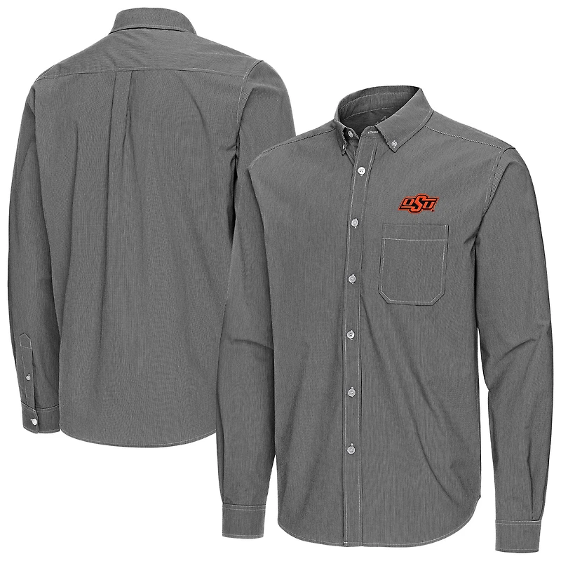 Men's Antigua Black Oklahoma State Cowboys Porter Woven Tri-Blend Long Sleeve Button-Down Shirt