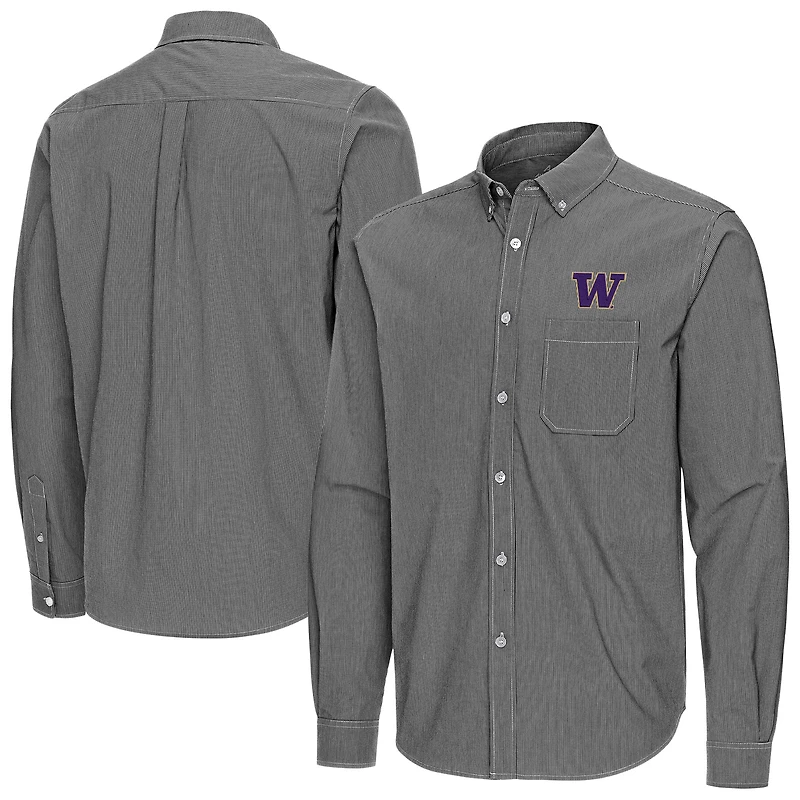 Men's Antigua Black Washington Huskies Porter Woven Tri-Blend Long Sleeve Button-Down Shirt