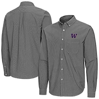 Men's Antigua Black Washington Huskies Porter Woven Tri-Blend Long Sleeve Button-Down Shirt