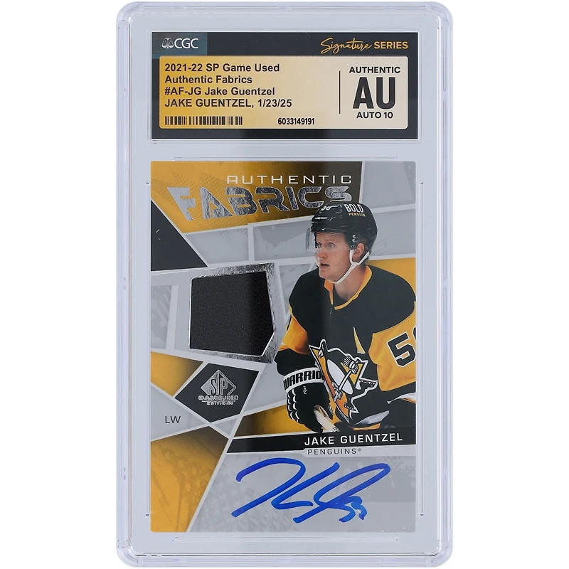Jake Guentzel Pittsburgh Penguins Autographed 2021-22 Upper Deck SP Game Used Authentic Fabrics Relic #AF-JG CGC Fanatics Witnessed Authenticated Auto 10 Card