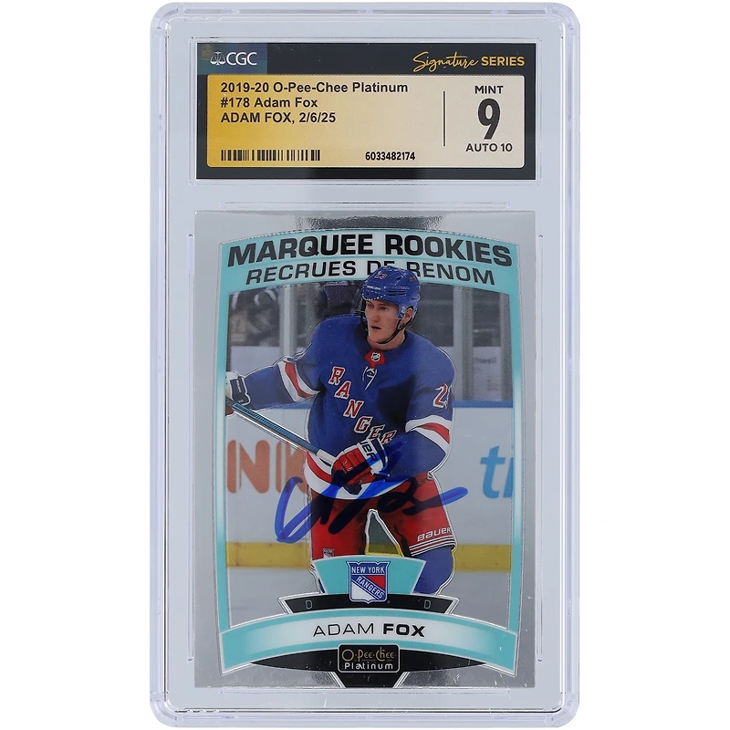 Adam Fox New York Rangers Autographed 2019-20 Upper Deck O-Pee-Chee Platinum #178 CGC Fanatics Witnessed Authenticated /10 Rookie Card