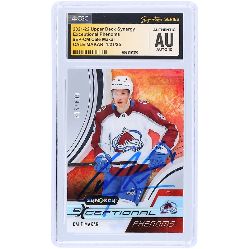 Cale Makar Colorado Avalanche Autographed 2021-22 Upper Deck Synergy Exceptional Phenoms #EP-CM #/899 CGC Fanatics Witnessed Authenticated Auto 10 Card