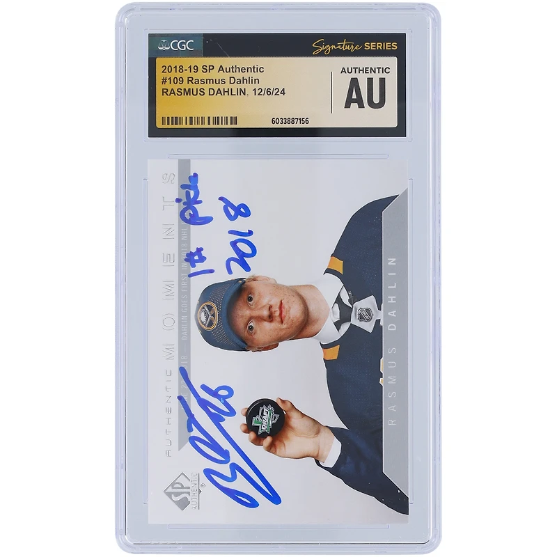 Rasmus Dahlin Buffalo Sabres Autographed 2018-19 Upper Deck SP Authentic #109 CGC Fanatics Witnessed Authenticated Rookie Card with "#1 Pick 2018" Inscription