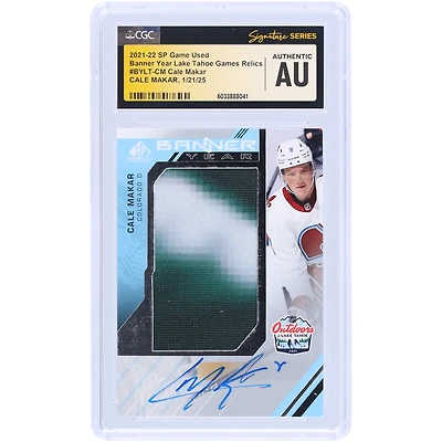 Cale Makar Colorado Avalanche Autographed 2021-22 Upper Deck SP Game Used Banner Year Lake Tahoe Game Dual Color Relics #BYLT-CM CGC Fanatics Witnessed Authenticated Card