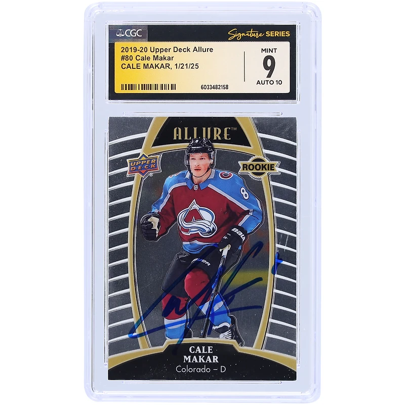 Cale Makar Colorado Avalanche Autographed 2019-20 Upper Deck Allure #80 CGC Fanatics Witnessed Authenticated 9/10 Rookie Card