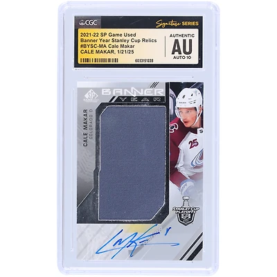 Cale Makar Colorado Avalanche Autographed 2021-22 Upper Deck SP Game Used Banner Year Stanley Cup Relic #BYSC-MA CGC Fanatics Witnessed Authenticated Auto 10 Card