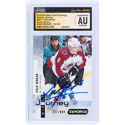 Cale Makar Colorado Avalanche Autographed 2019-20 Upper Deck Synergy Rookie Journey Away Jersey #RP-1 #/899 CGC Fanatics Witnessed Authenticated Auto 10 Rookie Card