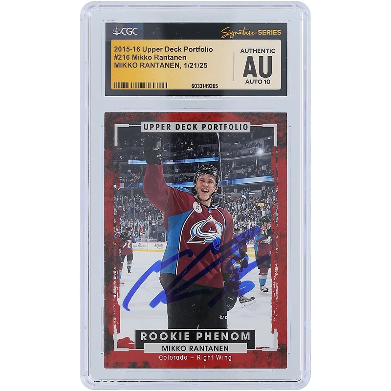 Mikko Rantanen Colorado Avalanche Autographed 2015-16 Upper Deck Portfolio Rookie Phenom #216 CGC Fanatics Witnessed Authenticated Auto 10 Rookie Card