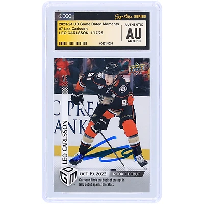 Leo Carlsson Anaheim Ducks Autographed 2023-24 Upper Deck Game Dated Moments Rookie Debut 10.19.2023 #7 #/1199 CGC Fanatics Witnessed Authenticated Auto 10 Rookie Card