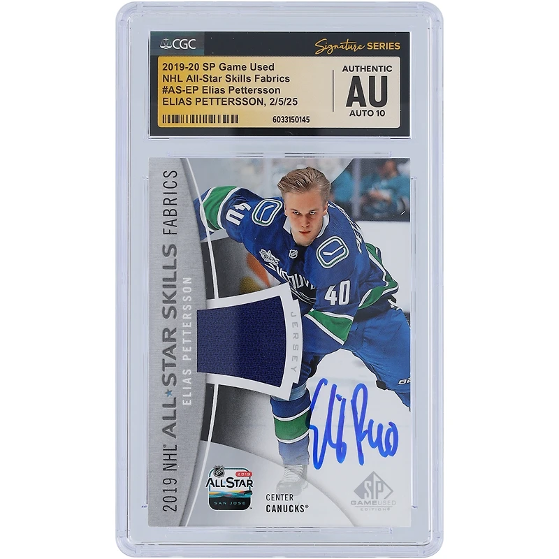 Elias Pettersson Vancouver Canucks Autographed 2019-20 Upper Deck SP Game Used Blue NHL All-Star Skills Fabrics Relic #AS-EP CGC Fanatics Witnessed Authenticated Auto 10 Card