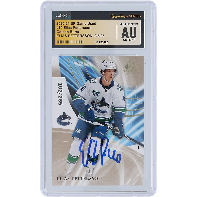 Elias Pettersson Vancouver Canucks Autographed 2020-21 Upper Deck SP Game Used Golden Burst #10 #/265 CGC Fanatics Witnessed Authenticated Auto 10 Card