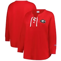 Women's Fanatics Red Georgia Bulldogs Lace-Up Waffle Knit Plus Size Long Sleeve T-Shirt
