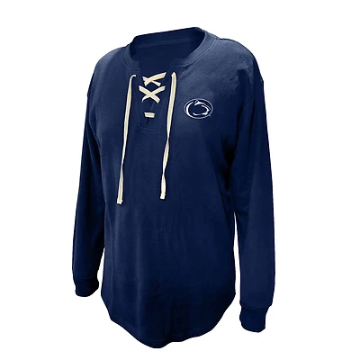 Women's Fanatics Navy Penn State Nittany Lions Lace-Up Waffle Knit Plus Long Sleeve T-Shirt