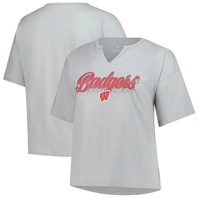 Women's Fanatics Gray Wisconsin Badgers Plus Winning Gear Notch Neck T-Shirt