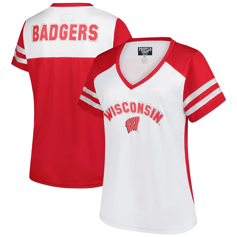 Women's Fanatics White Wisconsin Badgers Plus Rhinestone Glitter Sleeve Stripe V-Neck T-Shirt