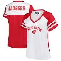 Women's Fanatics White Wisconsin Badgers Plus Rhinestone Glitter Sleeve Stripe V-Neck T-Shirt