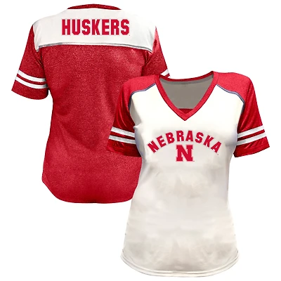Women's Fanatics White Nebraska Huskers Plus Rhinestone Glitter Sleeve Stripe V-Neck T-Shirt