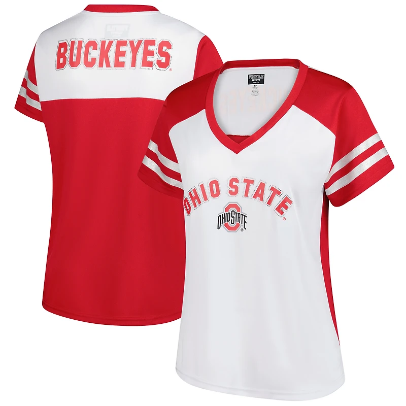 Women's Fanatics White Ohio State Buckeyes Plus Rhinestone Glitter Sleeve Stripe V-Neck T-Shirt