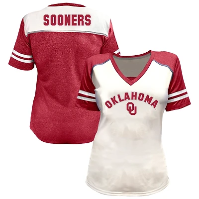 Women's Fanatics White Oklahoma Sooners Plus Rhinestone Glitter Sleeve Stripe V-Neck T-Shirt