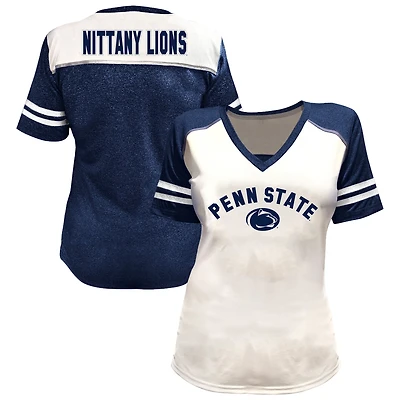Women's Fanatics White Penn State Nittany Lions Plus Rhinestone Glitter Sleeve Stripe V-Neck T-Shirt