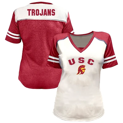 Women's Fanatics White USC Trojans Plus Rhinestone Glitter Sleeve Stripe V-Neck T-Shirt