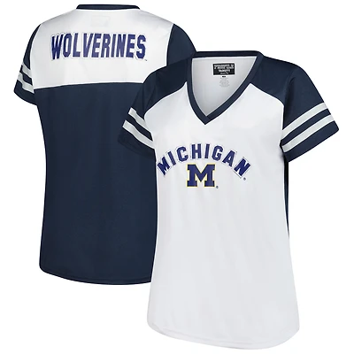 Women's Fanatics White Michigan Wolverines Plus Rhinestone Glitter Sleeve Stripe V-Neck T-Shirt