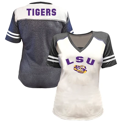 Women's Fanatics White LSU Tigers Plus Rhinestone Glitter Sleeve Stripe V-Neck T-Shirt