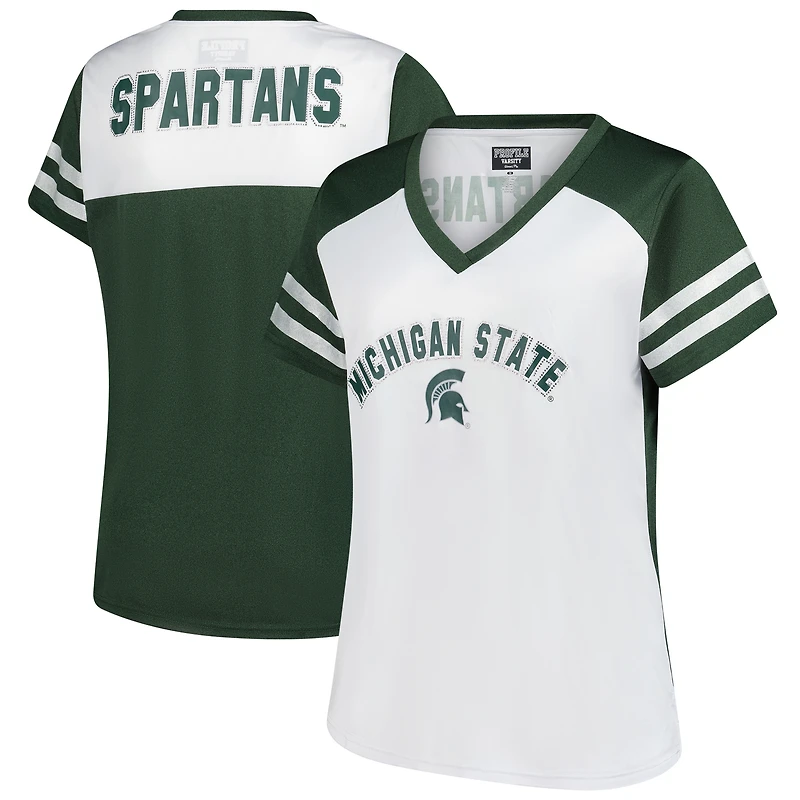 Women's Fanatics White Michigan State Spartans Plus Rhinestone Glitter Sleeve Stripe V-Neck T-Shirt