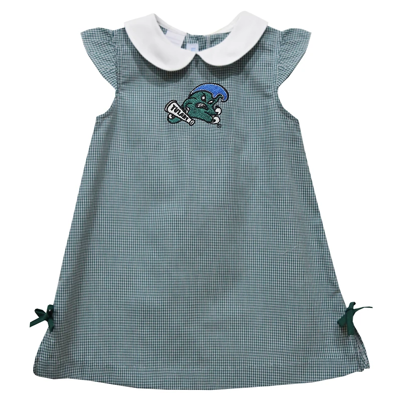 Infant Girls Vive La Fete Green Tulane Green Wave Mini Check Pattern A-Line Dress