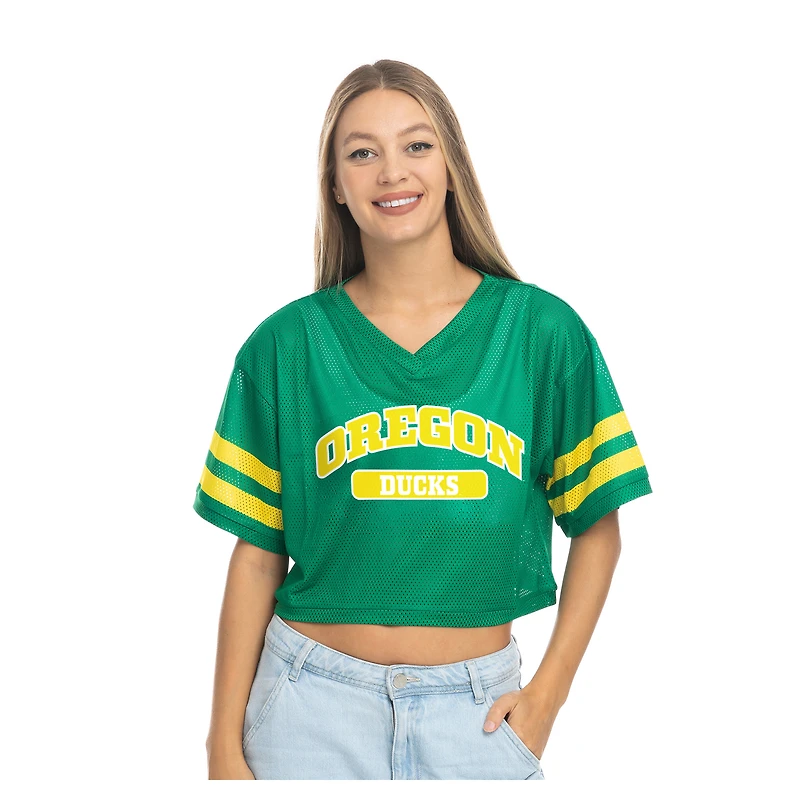 Women's ZooZatz Green Oregon Ducks V-Neck Mesh Cropped T-Shirt