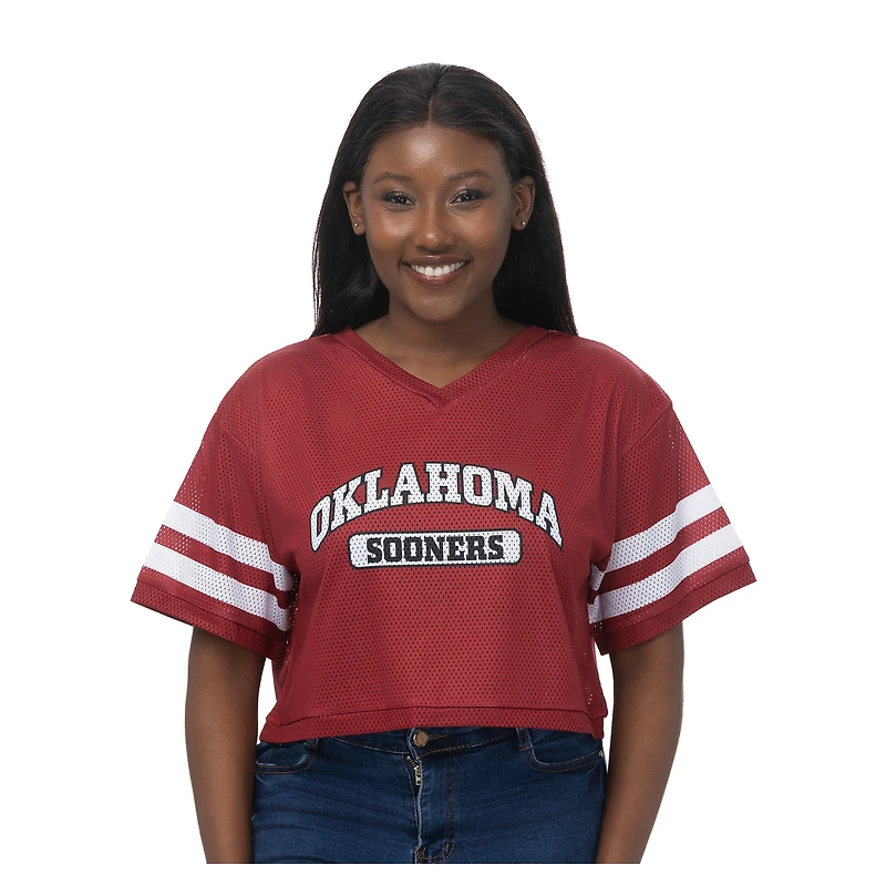 Women's ZooZatz Crimson Oklahoma Sooners V-Neck Mesh Cropped T-Shirt