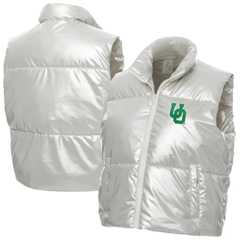Women's ZooZatz Silver Oregon Ducks Metallic Cropped Full-Zip Sleeveless Puffer Vest