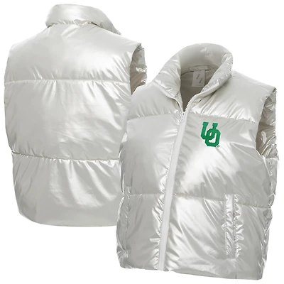 Women's ZooZatz Silver Oregon Ducks Metallic Cropped Full-Zip Sleeveless Puffer Vest
