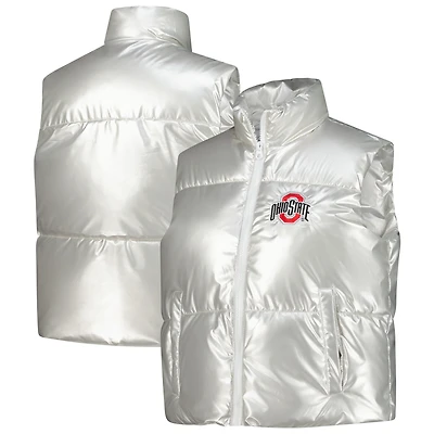 Women's ZooZatz Silver Ohio State Buckeyes Metallic Cropped Full-Zip Sleeveless Puffer Vest